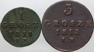 Księstwo Warszawskie, Fryderyk August I, zestaw grosz 1811 B, 3 grosze 1813 IB, Warszawa