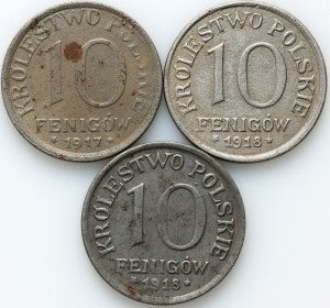 Royaume de Pologne, ensemble de 10 fenigs de 1917-1918, (3 pièces)