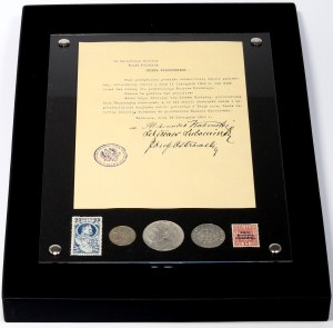 Second Republic, set of coins from 1934-1936 (3 pieces), exclusive frame National Hero Jozef Pilsudski