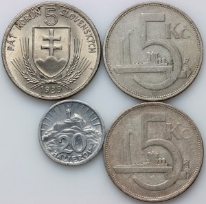 Słowacja / Czechosłowacja, zestaw monet z lat 1928-1943, (4 sztuki)