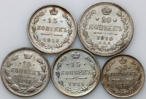 Rusko, Mikuláš II, sada mincí 1902-1916, (5 kusov)