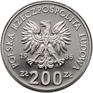 PRL, 200 złotych Pomnik Szpital Matki Polki 1985, próba, odwrócony znak mennicy