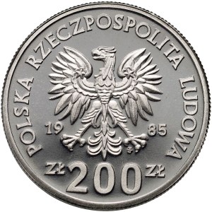 Poľská ľudová republika, 200 zlotých, Pamätná nemocnica Matky Poľskej 1985, vzorka, obrátený znak mincovne