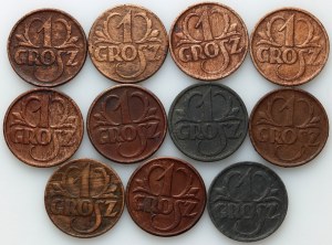 II RP, zestaw monet 1 grosz z lat 1923-1939, (11 sztuk)