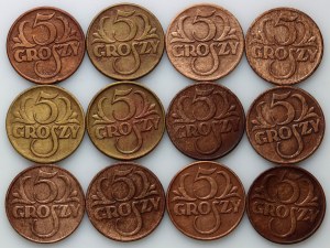 II RP, Satz von 5 Groszy-Münzen aus den Jahren 1923-1935, (12 Stück)