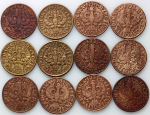 II RP, Satz von 5 Groszy-Münzen aus den Jahren 1923-1935, (12 Stück)