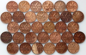 II RP, zestaw monet 2 grosze z lat 1923-1939, (32 sztuki)