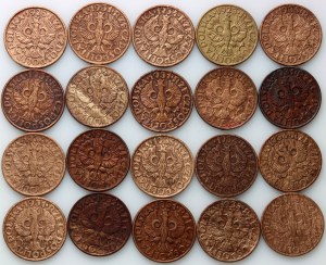 II RP, zestaw monet 2 grosze z lat 1923-1938, (20 sztuk)