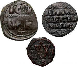 Byzancia, súbor 3 follisov, Fokas, Rímsky I, Rímsky IV, 7.-11. stor.