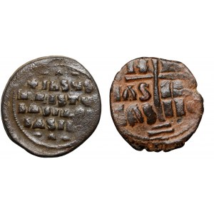 Byzancia, súbor 2 follisov, Bazil II, Rímsky III, 10.-11. stor.