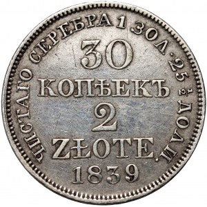 Russische Teilung, Nikolaus I., 30 Kopeken = 2 Zloty 1839 MW, Warschau