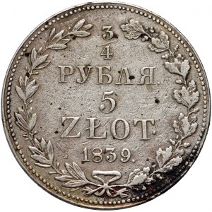 Ruské rozdělení, Mikuláš I., 3/4 rublu = 5 zlotých 1839 MW, Varšava
