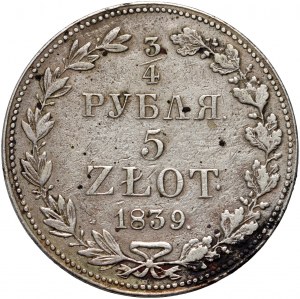 Russian partition, Nicholas I, 3/4 ruble = 5 zlotys 1839 MW, Warsaw