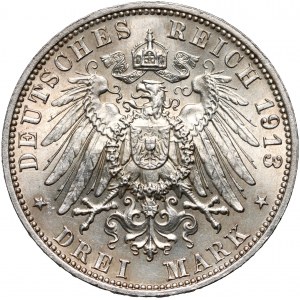 Německo, Sasko, Fridrich August III, 3 Marks 1913 E, Muldenhütten, Bitva u Lipska