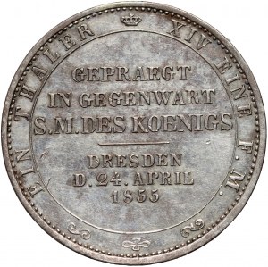 Německo, Sasko, Jan V., tolar 1855 F, návštěva mincovny v Drážďanech