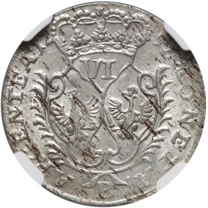 La Silésie sous la domination prussienne, Frédéric II, six pence 1757 B, Wrocław