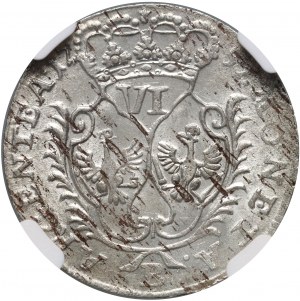 La Silésie sous la domination prussienne, Frédéric II, six pence 1757 B, Wrocław