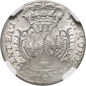 La Silésie sous la domination prussienne, Frédéric II, six pence 1756 B, Wrocław