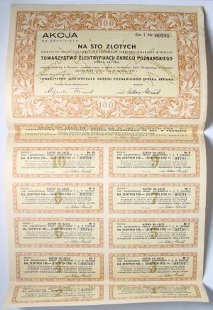 Action de 100 zlotys de la Société pour l'électrification du district de Poznan 1939