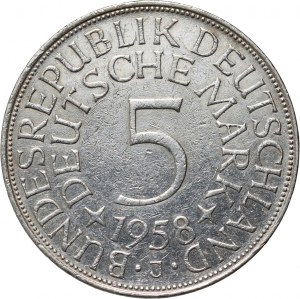 Allemagne, RFA, 5 marques 1958 J, Hambourg, très rare