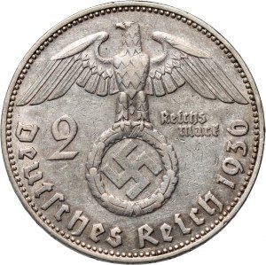Nemecko, Tretia ríša, 2 marky 1936 J, Hamburg, Paul von Hindenburg