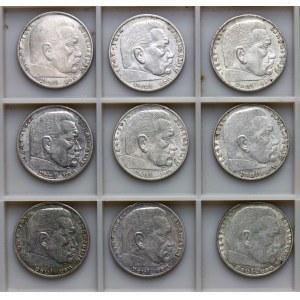 Germania, 2 marchi Hindenburg - set di 9 pezzi