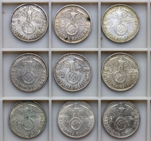 Germania, 2 marchi Hindenburg - set di 9 pezzi