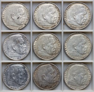 Germania, 5 marchi Hindenburg - set di 9 pezzi