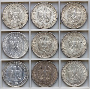 Germania, 5 marchi Hindenburg - set di 9 pezzi