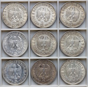 Germania, 5 marchi Hindenburg - set di 9 pezzi