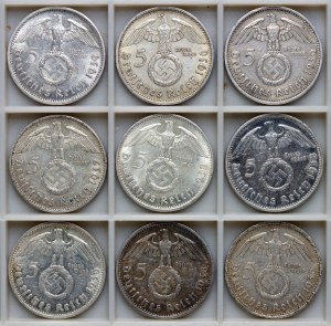 Germania, 5 marchi Hindenburg (con svastica) - set di 9 pezzi