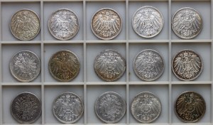 Německo, císařství, 1 marka - sada 15 mincí