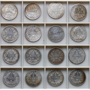 Německo, císařství, 1 marka - sada 16 mincí