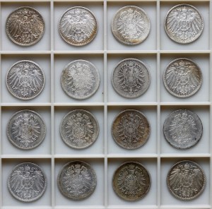 Nemecko, cisárstvo, 1 marka - sada 16 mincí