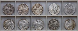 Německo, císařství, 1 marka - sada 10 mincí