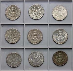 USA, 1/2 dolara 1966-1968, Kennedy - zestaw 9 monet