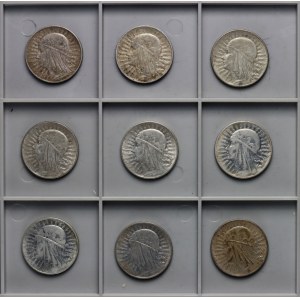 II RP, 5 zloty, Tête de femme - ensemble de 9 pièces