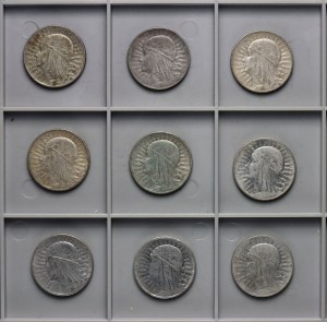 II RP, 5 złotych, Głowa kobiety - zestaw 9 sztuk