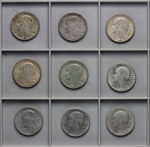 II RP, 5 zloty, Tête de femme - ensemble de 9 pièces