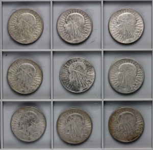 II RP, 10 zloty, Tête de femme - ensemble de 9 pièces