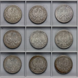 II RP, 10 złotych, Głowa kobiety - zestaw 9 sztuk