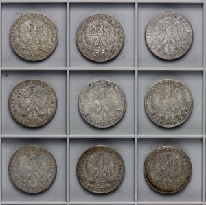 II RP, 10 zloty, Tête de femme - ensemble de 9 pièces