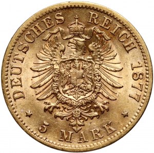 Deutschland, Sachsen, Albert, 5 Mark 1877 E, Muldenhütten