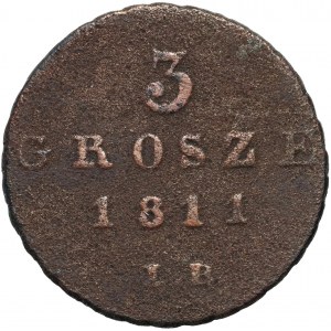 Varšavské kniežatstvo, Fridrich August I., 3 groše 1811 IB, Varšava - číslice roku stlačené