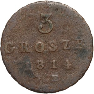 Księstwo Warszawskie, Fryderyk August I, 3 grosze 1814 IB, Warszawa - inny orzeł, większa cyfra 3, ściśnięta data