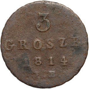 Duché de Varsovie, Frédéric Auguste Ier, 3 pennies 1814 IB, Varsovie - aigle différent, numéro 3 plus grand, date 