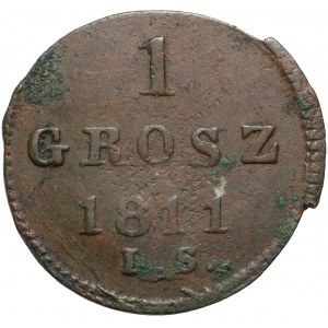 Herzogtum Warschau, Friedrich August I., 1 Pfennig 1811 IS, Warschau - kleiner Adler im Schild, gestauchte Ziffern im Datum