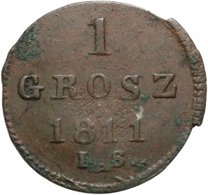 Duché de Varsovie, Frédéric Auguste Ier, 1 penny 1811 IS, Varsovie - petit aigle dans l'écu, chiffres comprimés dans la date