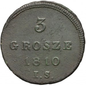 Duché de Varsovie, Frédéric Auguste Ier, 3 pennies 1810 IS, Varsovie - inscriptions très espacées