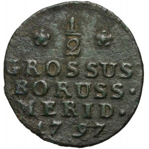 Prusse du Sud, Friedrich Wilhelm II, 1/2 penny 1797 B, Wrocław - grand monogramme, disposition différente des chiffres dans la date.